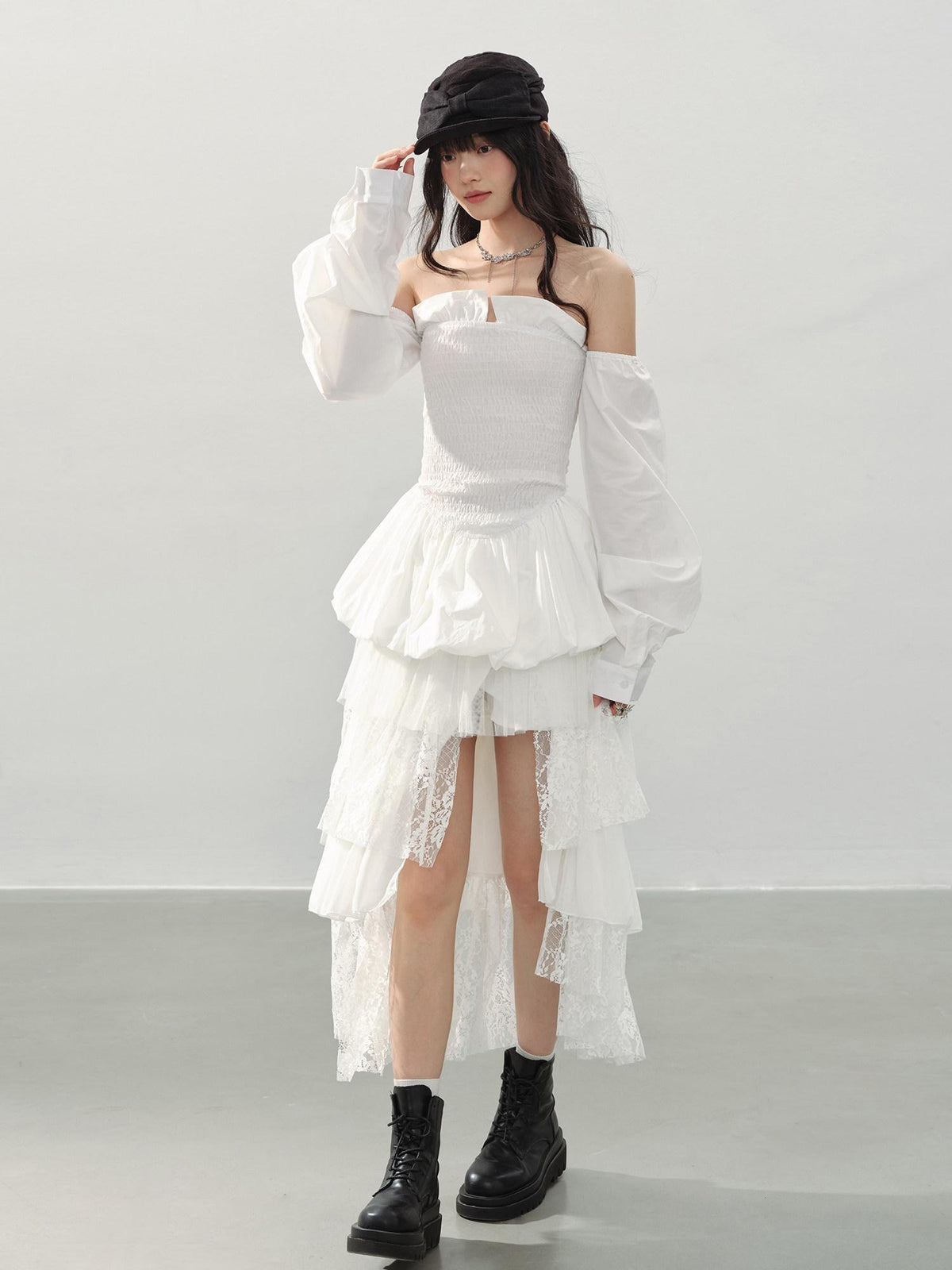 DDGIRL studio Lined Lace Asymmetrical High Waist Front Slit Tiered White Women Midi Skirts