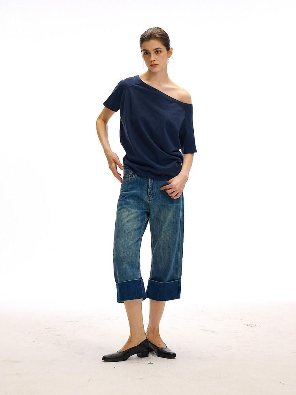 Country Moment High Waist Washed Stretch Straight Leg Denim Blue Mid-Length Shorts