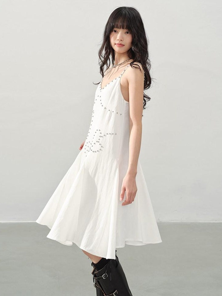 DDGIRL studio Soft Beaded Girly A Line V-neck Spaghetti Strap Cotton Wedding Midi Dresses