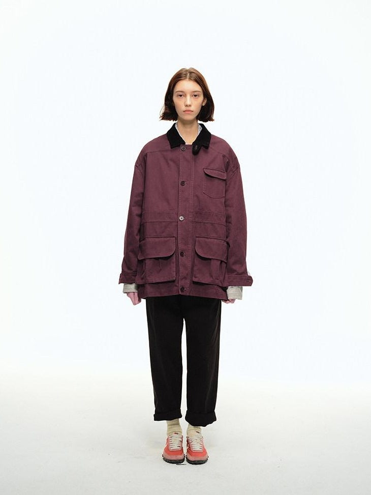 Country Moment Pure Cotton Relaxed Trendy Lapel Unisex Casual Solid Wine Red Short Coat