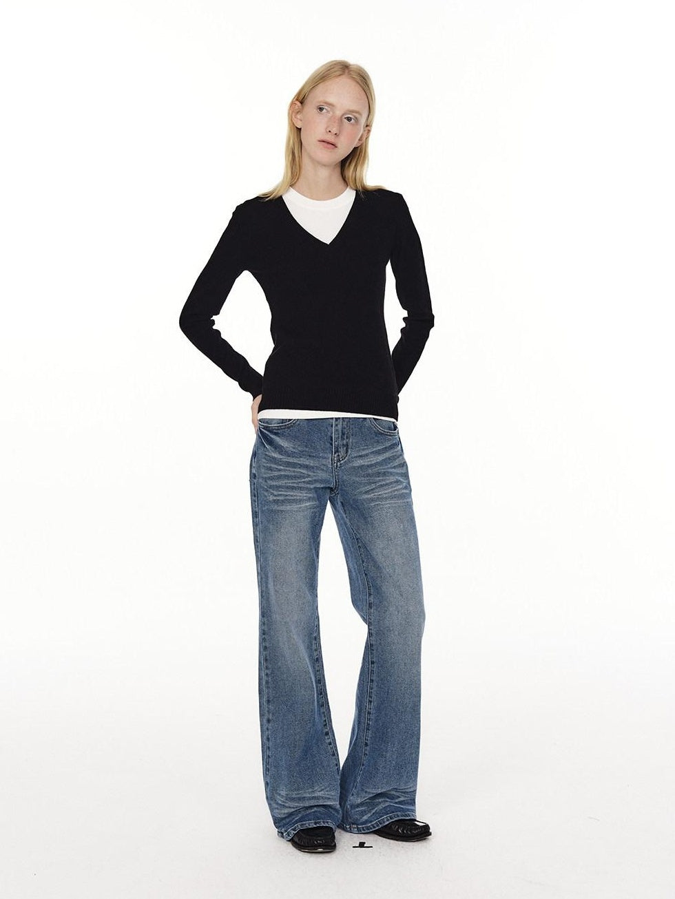 Country Moment Low Rise Stretch Cotton Casual Zip Fly Everyday Washed Blue Flared Jeans