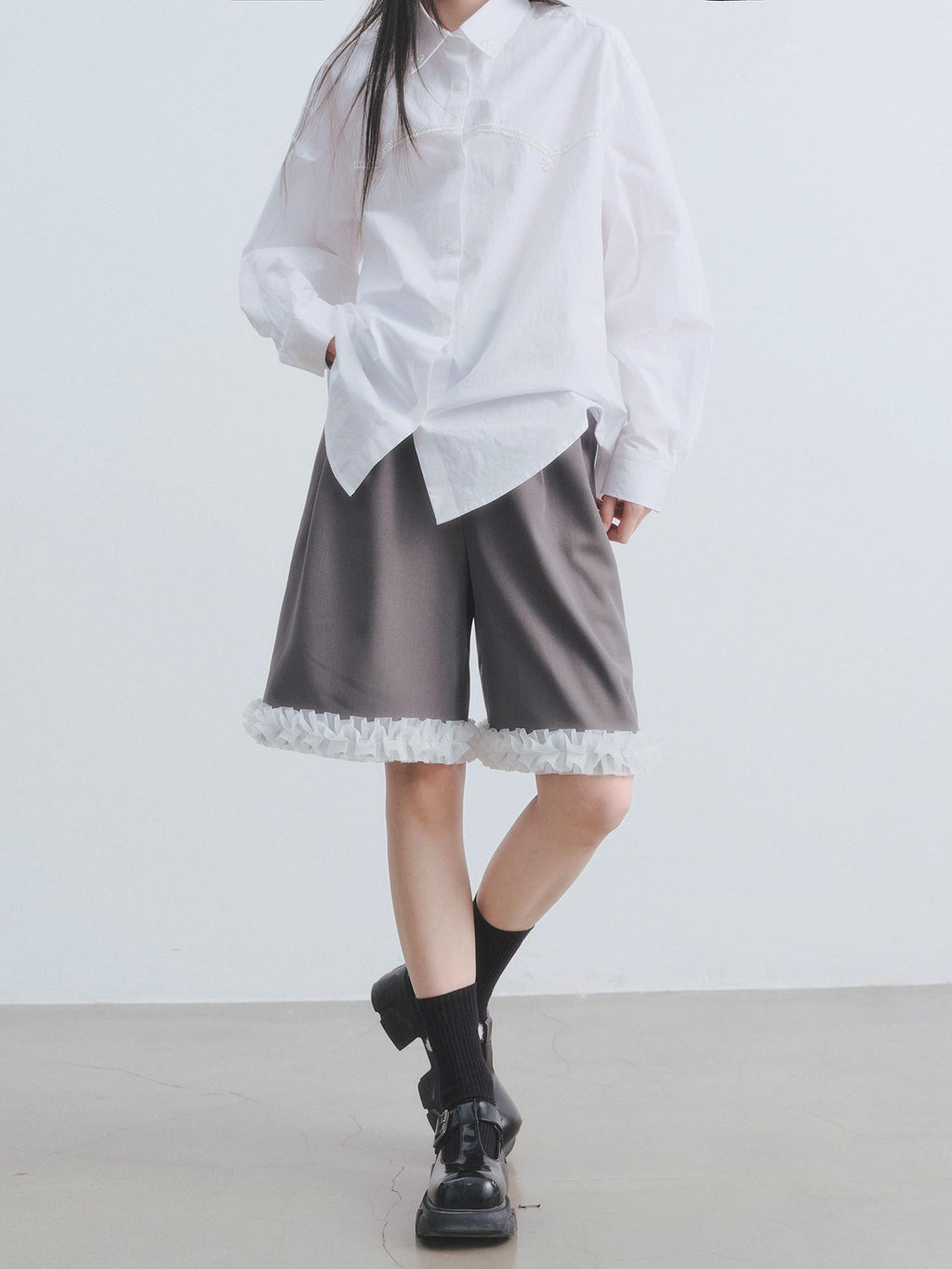 DDGIRL studio High Waist Wide Leg Workwear For Women Grey Polyester Stretch Mid-Length Shorts