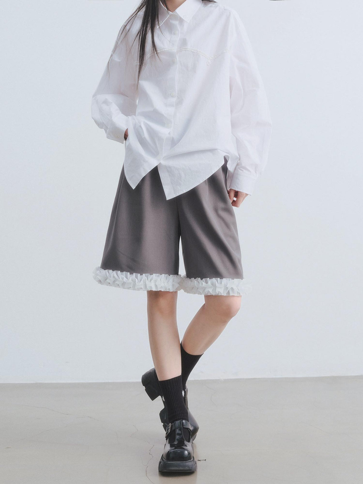 DDGIRL studio High Waist Wide Leg Workwear For Women Grey Polyester Stretch Mid-Length Shorts