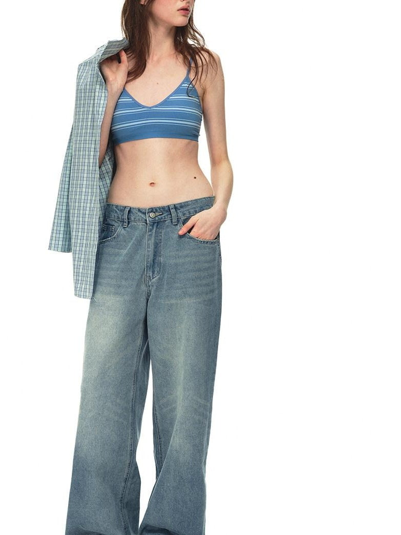 Country Moment Soft Breathable Mid Rise Stone Wash Loose Casual Unisex Denim Blue Wide Leg Jeans