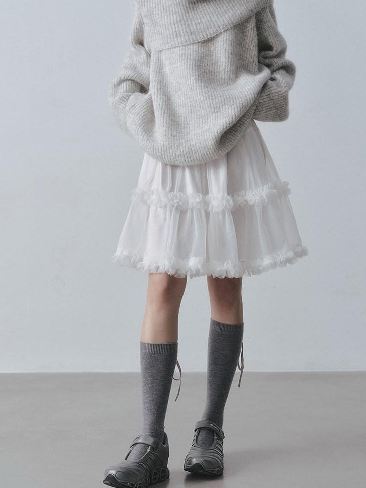 DDGIRL studio Breathable Lined High Waist A Line Pleated Ruffle Commuter White Mini Skirts