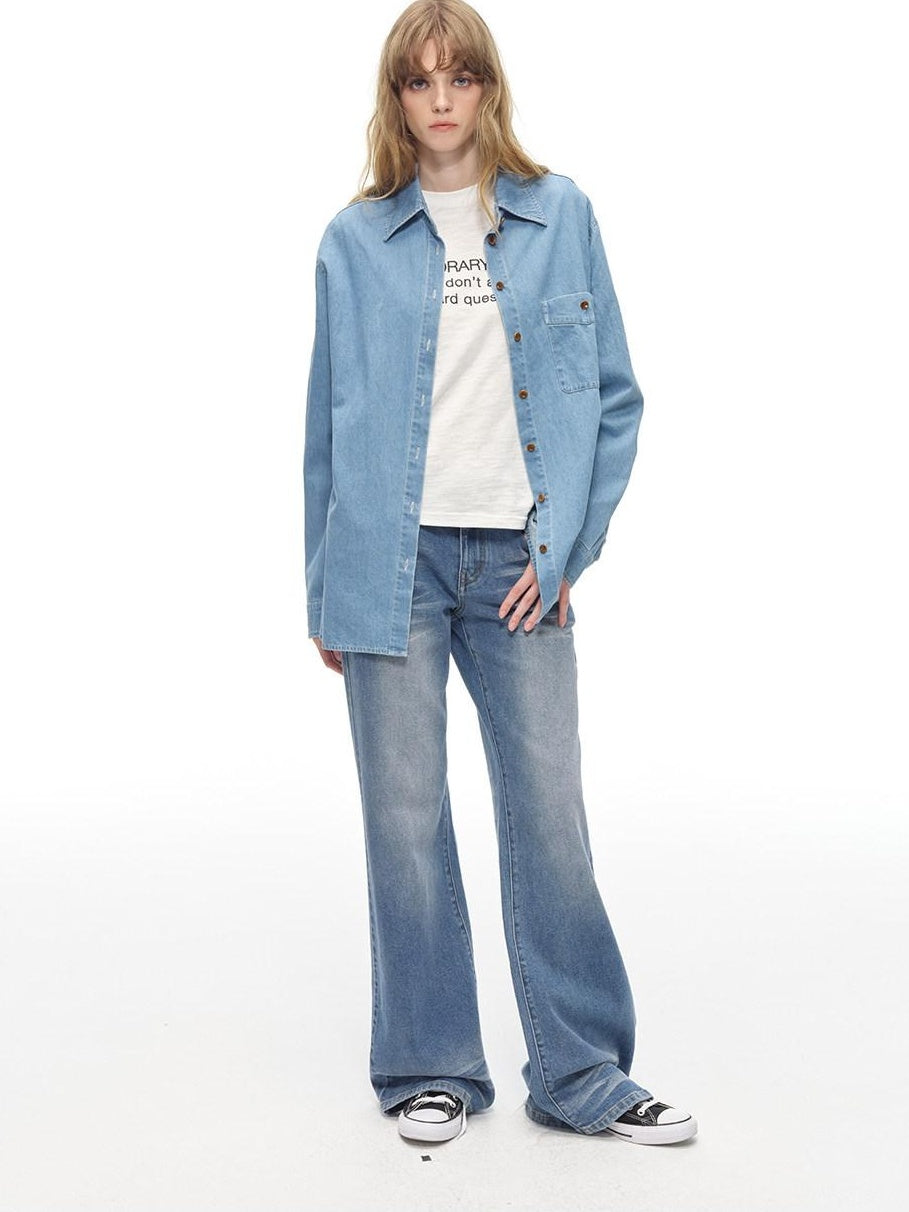 Country Moment Comfortable Low Rise Slim Fit Gradient Zipper Fly Washed Blue Flared Jeans