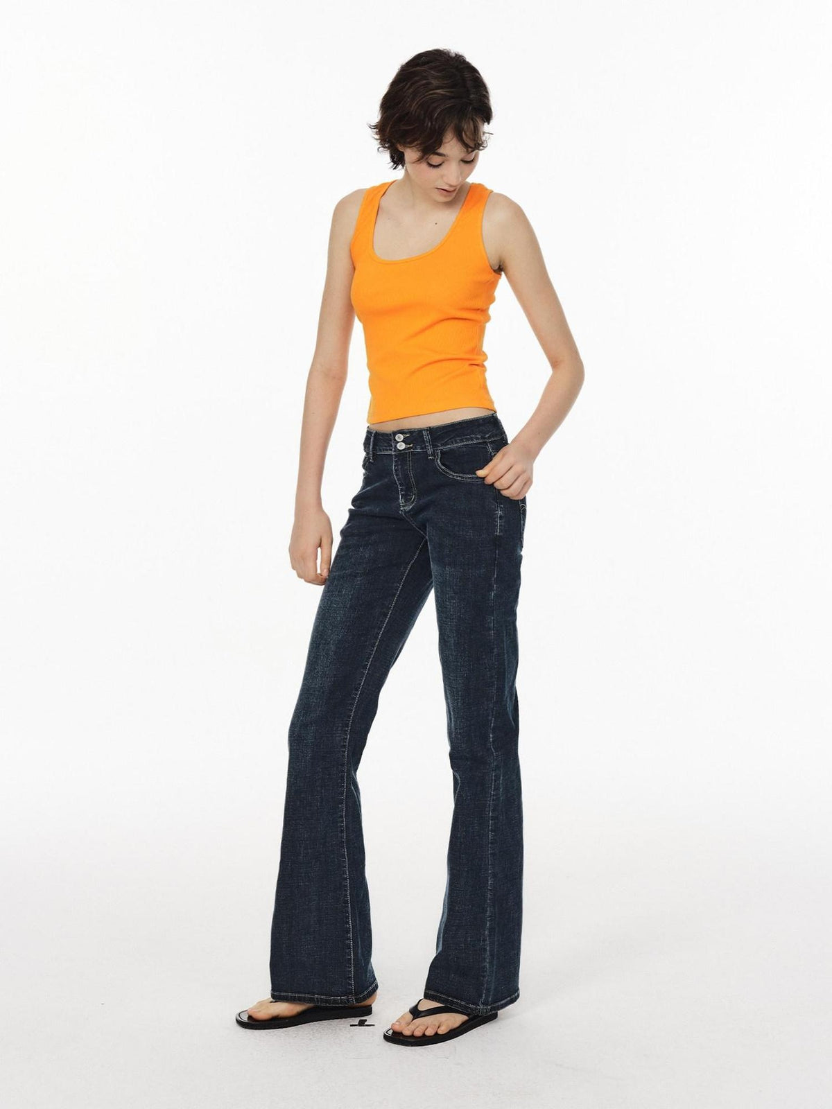 Country Moment Breathable Slimming Low Waist Slim Fit Button Fly Dark Blue Flared Jeans