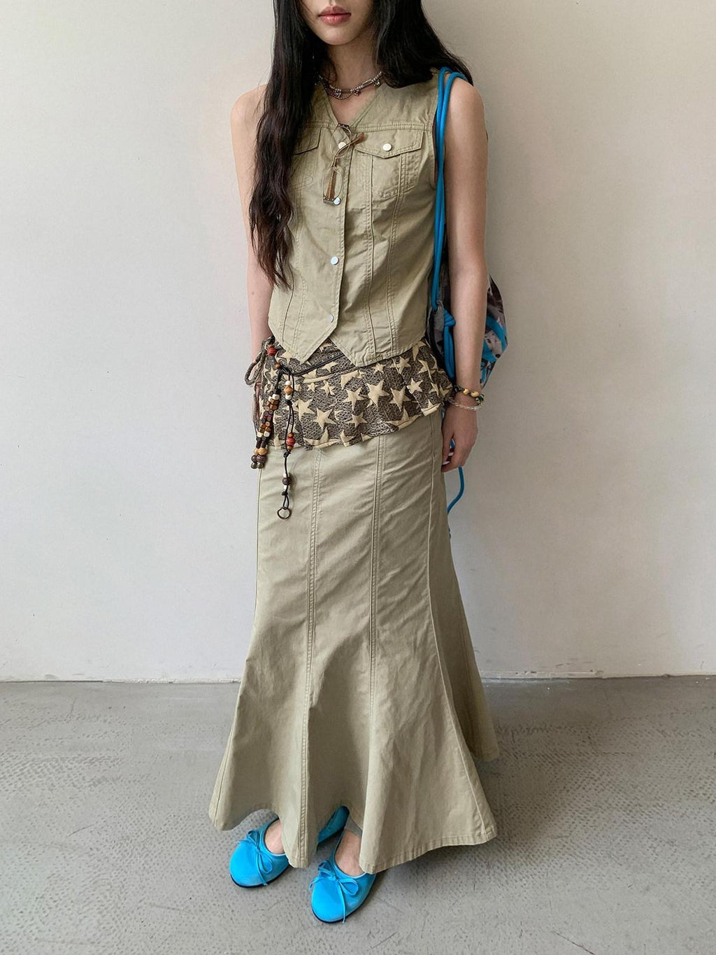 DDGIRL studio High Waist Cotton Fishtail Slim Casual Khaki Women Outdoor Maxi Skirts