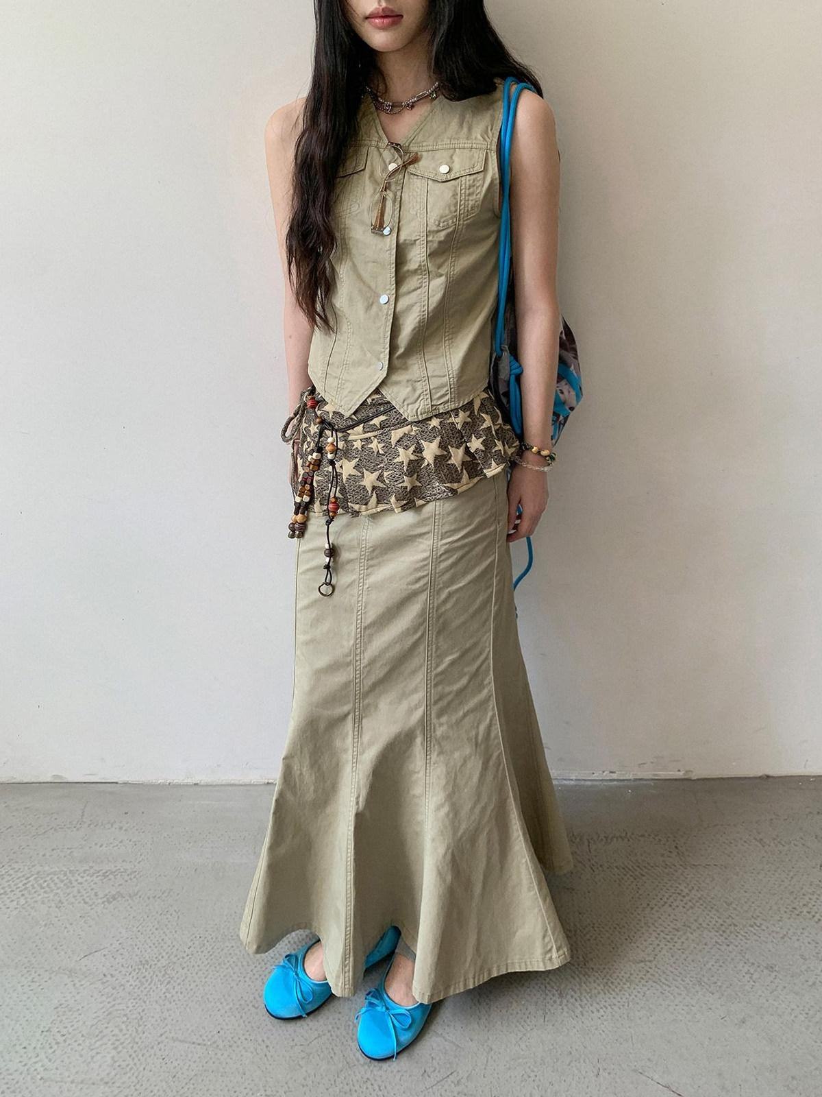 DDGIRL studio High Waist Cotton Fishtail Slim Casual Khaki Women Outdoor Maxi Skirts
