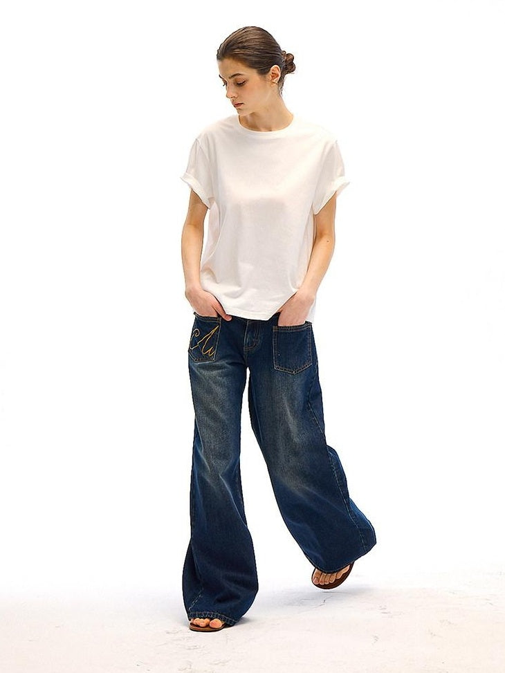 Country Moment High Waist Washed Denim Casual Loose Fit Zipper Fly Wide Leg Jeans