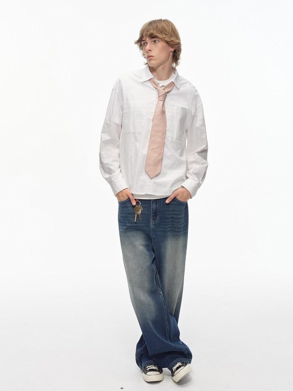 Country Moment Gradient Distressed Mid Rise Loose Straight Everyday Denim Blue Wide Leg Jeans