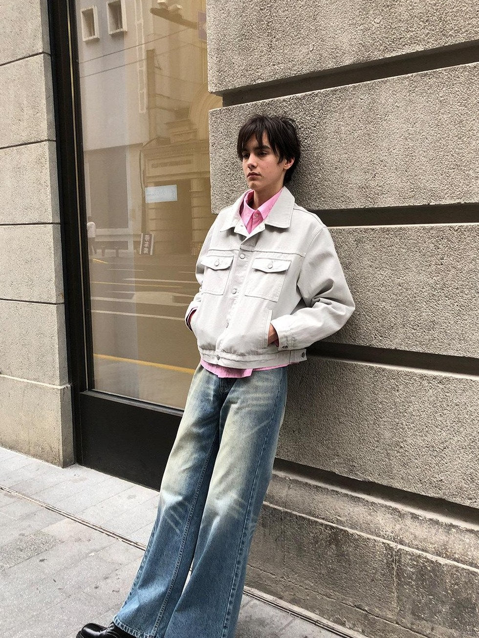 Country Moment Loose Fit Cropped Lapel Unisex 100 Percent Cotton Solid Grey Denim Jackets