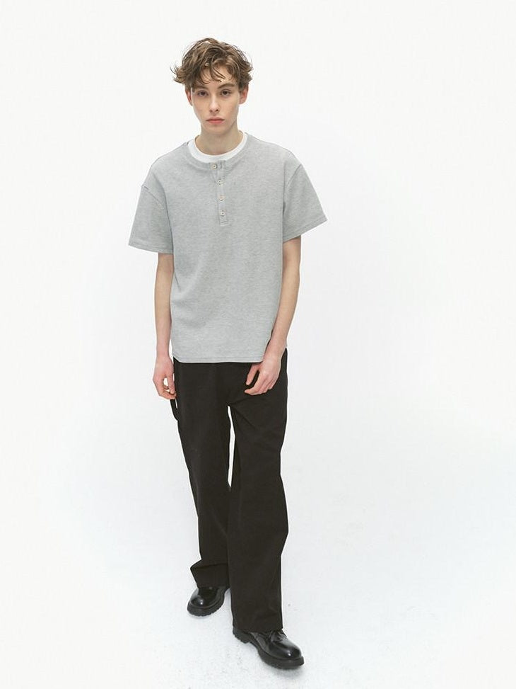 Country Moment Cotton Blend Loose Fit Henley Neck Unisex Dark Gray Short Sleeve T-Shirts