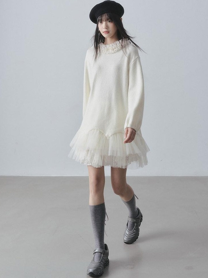 DDGIRL studio Sweet Soft Knit Tulle Panel A Line Long Sleeve Back Button Mini Dresses