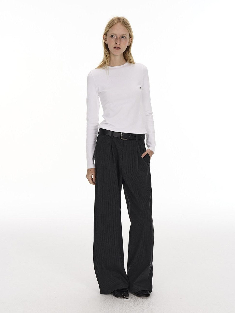 Country Moment Black Striped Midrise Wide Leg Casual Zipper Polyester Straight Pants