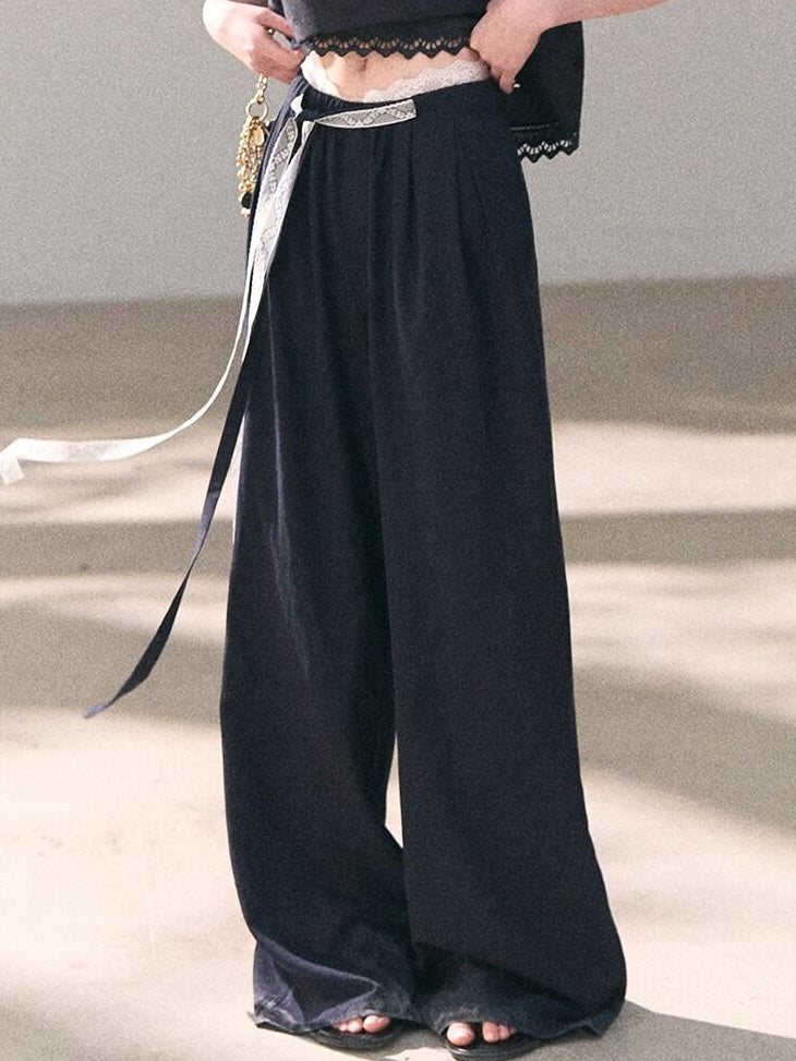 7 OAKMOO Lyocell Linen Breathable Casual Natural Waist Straight Navy White Wide Leg Pants