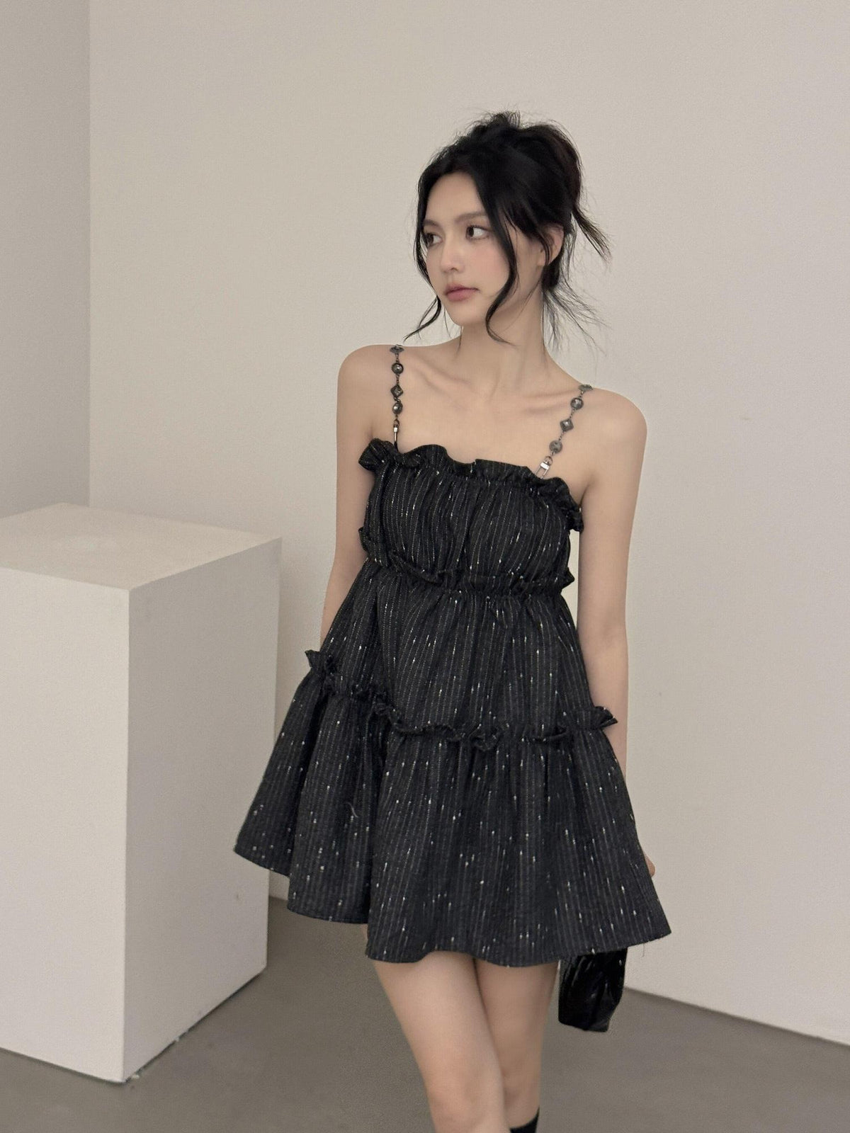 DDGIRL studio Shape Retain Strappy A Line Loose Waist Black Poly Wool Blend Mini Dresses