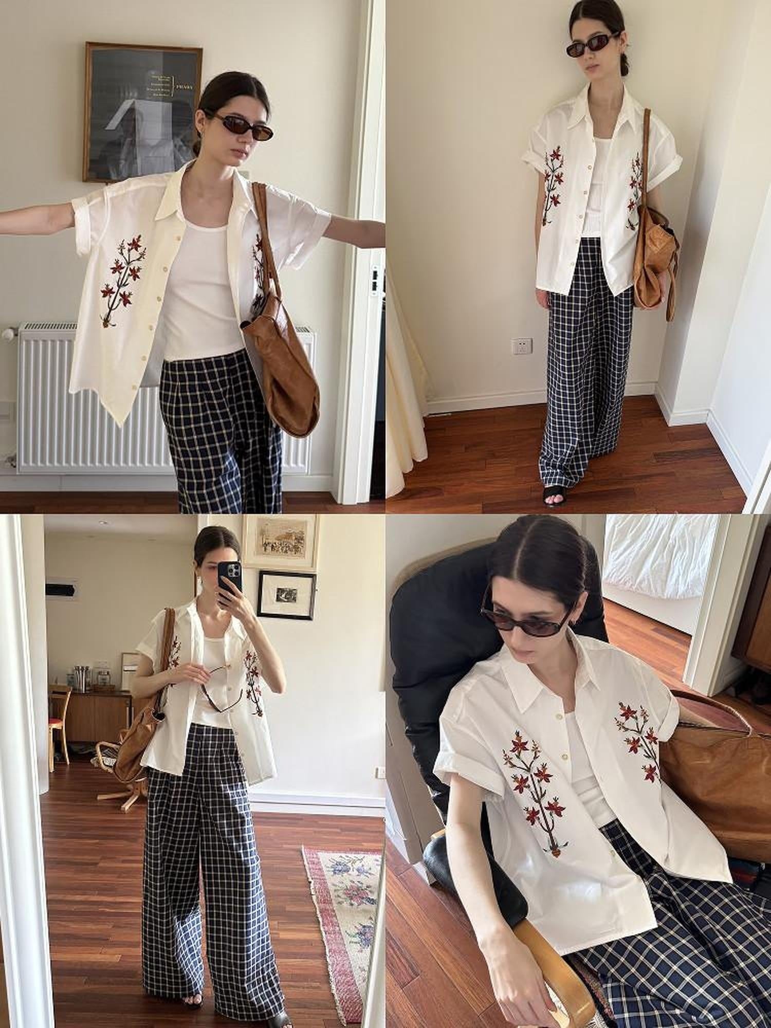 Country Moment 100 Percent Cotton Embroidered Loose Fit Floral Short Sleeve Unisex Shirts