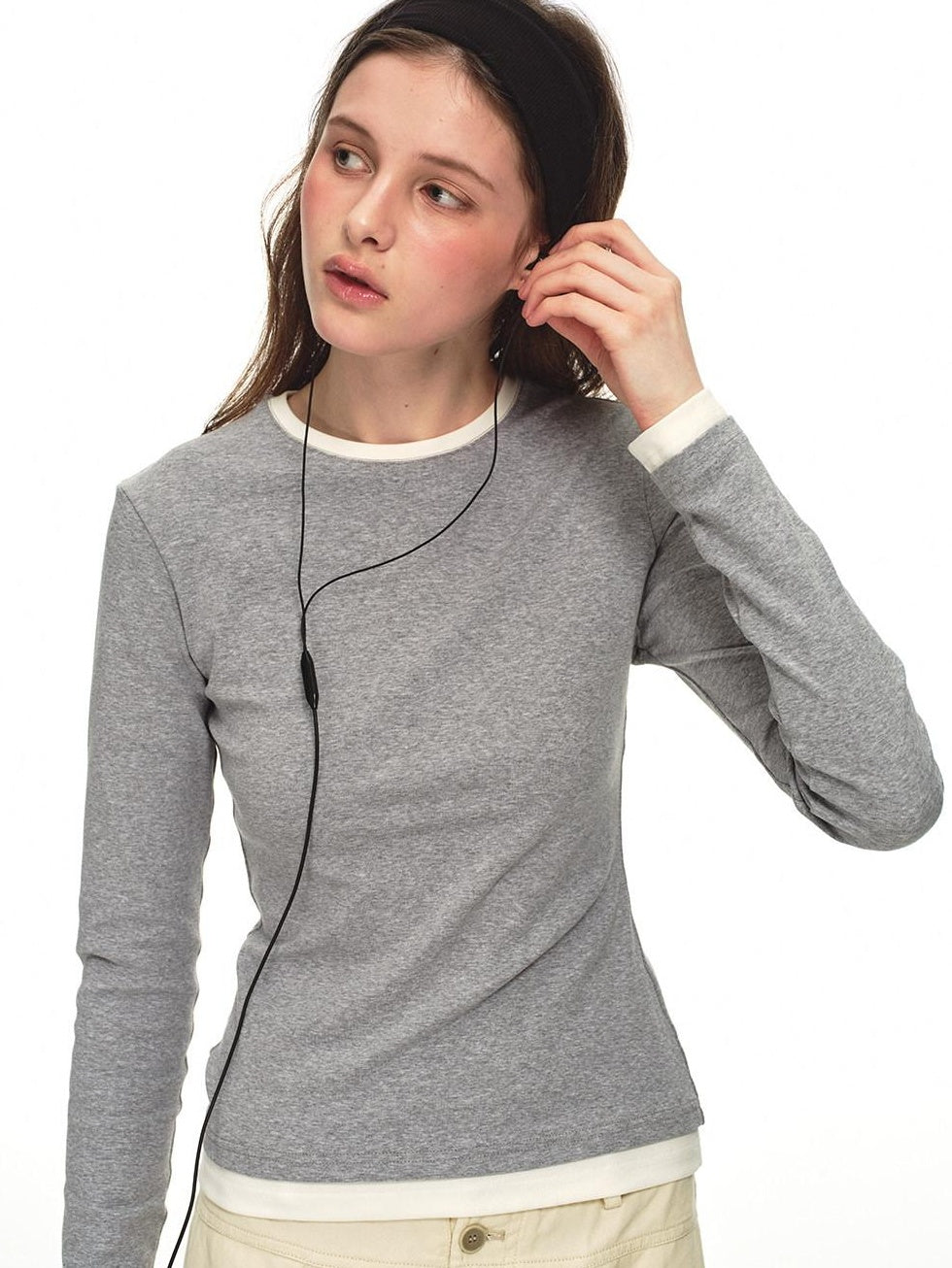 Country Moment Stretch Cotton Layered Slim Fit Casual Women Crewneck Gray Long Sleeve T-Shirts