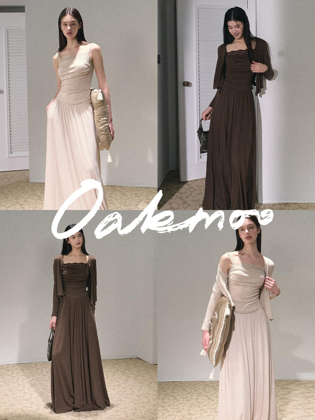 7 OAKMOO Tencel 3 Piece Casual Long Sleeve Women Amber Brown Top & Skirt Sets