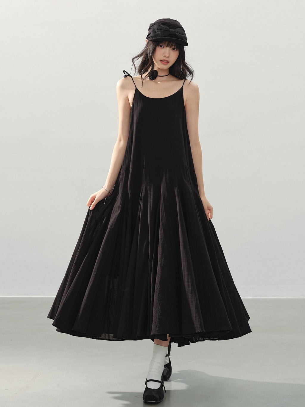 DDGIRL studio Soft Washed Cotton Pleated Elegant A Line U Neck Sleeveless Black Midi Dresses