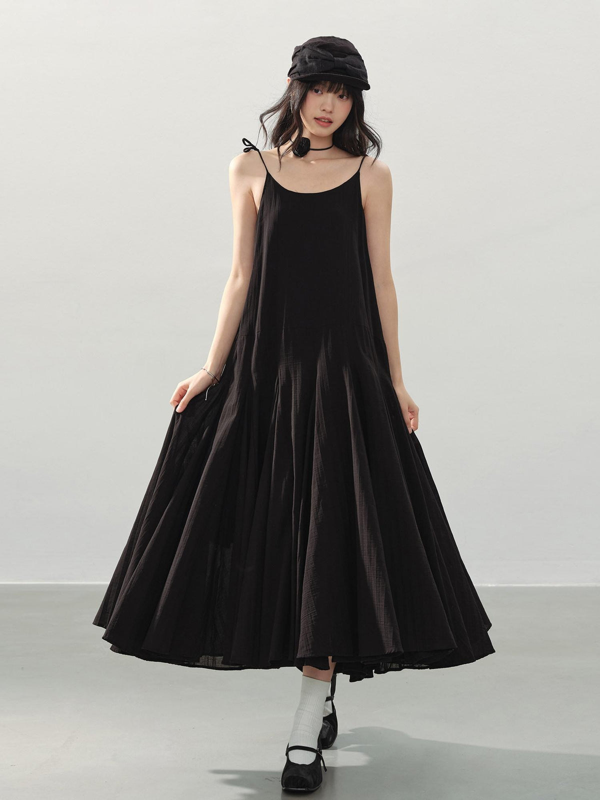 DDGIRL studio Soft Washed Cotton Pleated Elegant A Line U Neck Sleeveless Black Midi Dresses