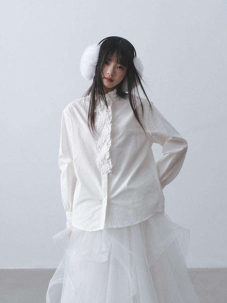 DDGIRL studio Pure Cotton Breathable Rose Lace Stand Collar Loose Fit Ruffle Sleeves Shirts
