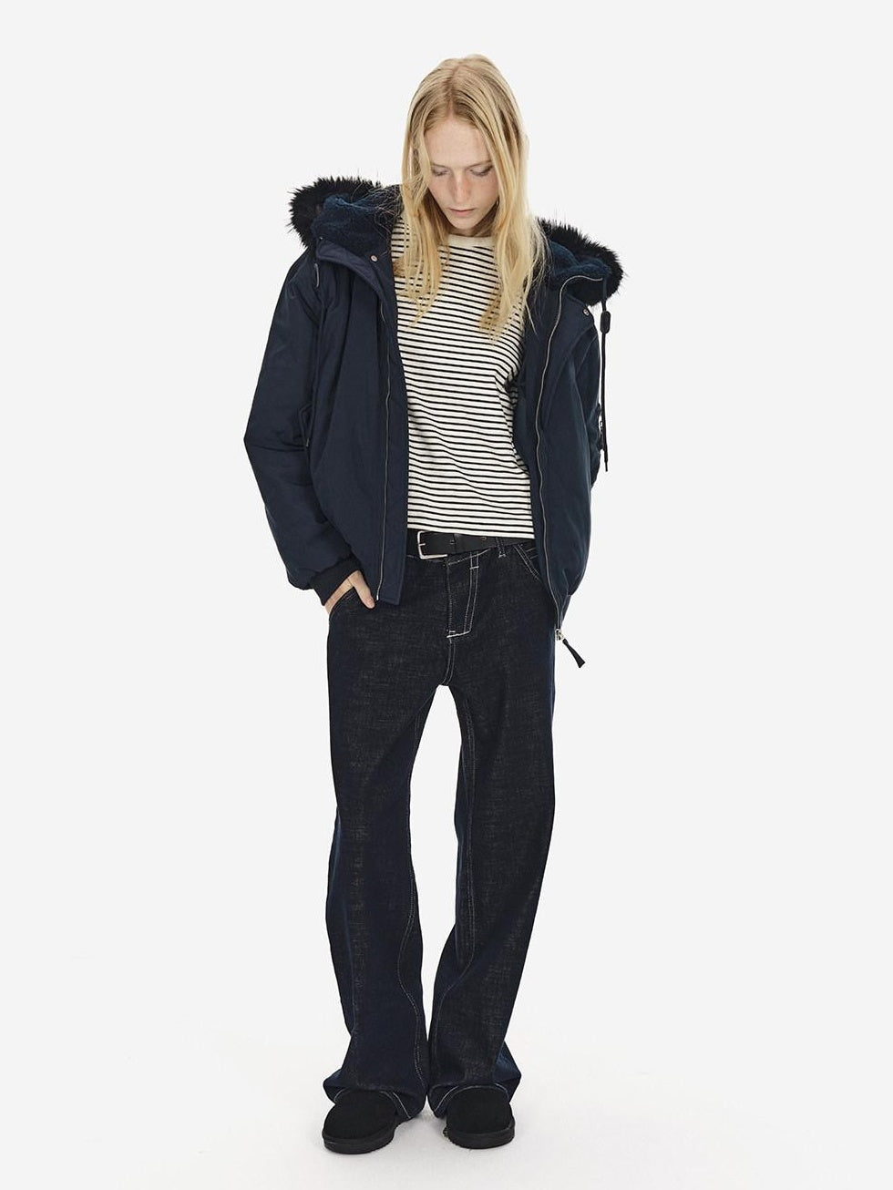 Country Moment Warm Hooded Retro Short Zip Ribbed Hem Unisex Navy Puffer Jackets