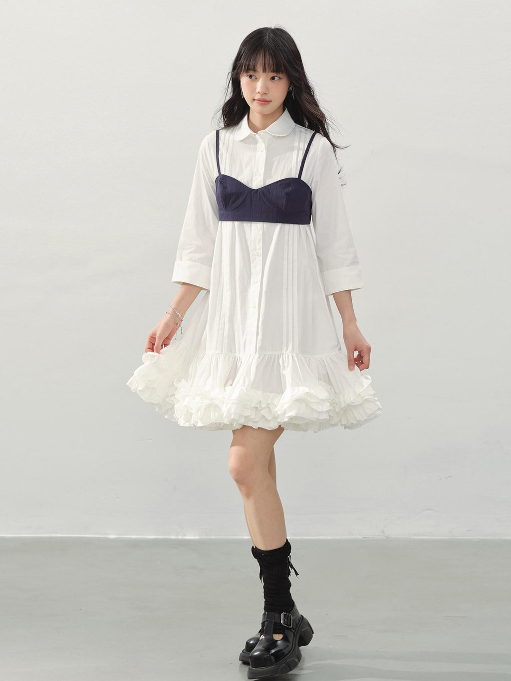 DDGIRL studio Shape Retaining Cotton Ruffle Aline Loose Waist Commuter Women Midi Dresses
