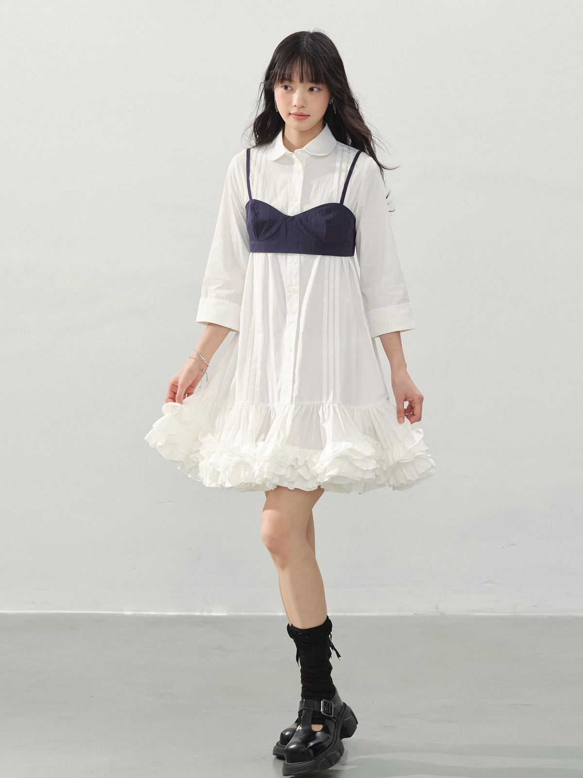 DDGIRL studio Shape Retaining Cotton Ruffle Aline Loose Waist Commuter Women Midi Dresses