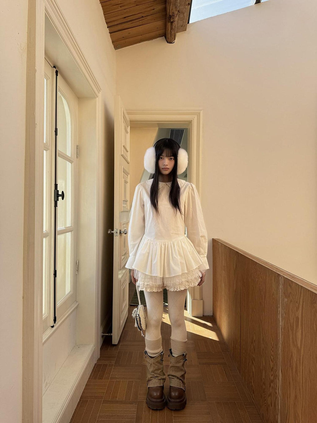 DDGIRL studio Breathable Patchwork Doll Collar Cotton Blend Cropped Long Sleeve White Blouses