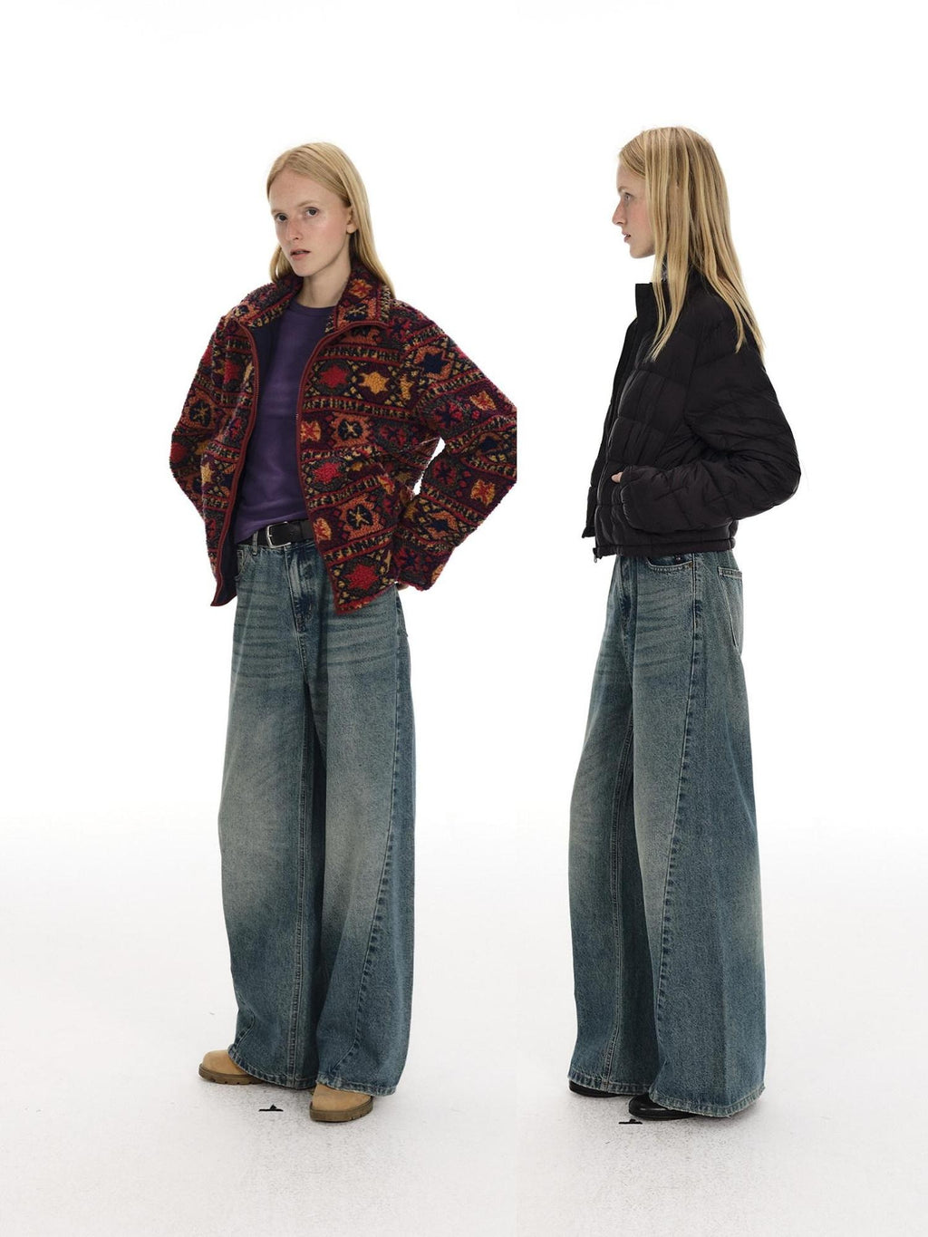 Country Moment Breathable Washed Blue Gradient Vintage Mid Rise Button Fly Wide Leg Jeans