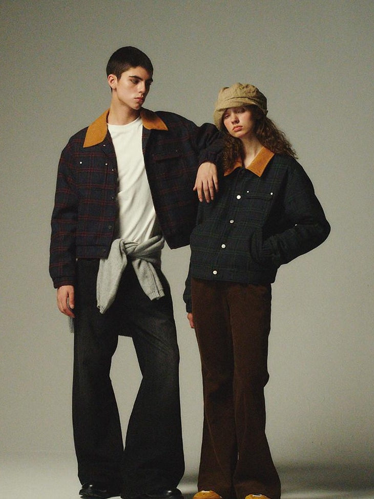 Country Moment Warm Insulated Loose Fit Plaid Cropped Teen Polyester Filled Puffer Jackets