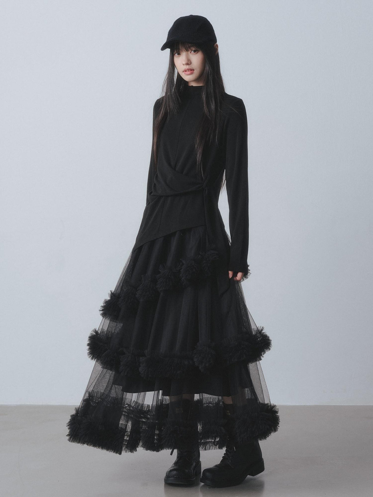 DDGIRL studio Skin Friendly Lined Asymmetric Ruffle Aline High Waist Black Maxi Skirts