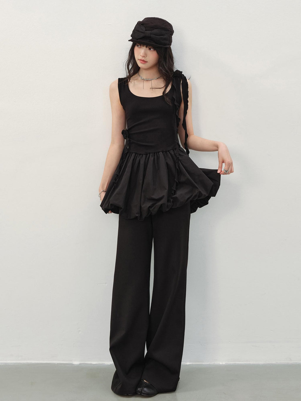 DDGIRL studio Soft Cotton Ruffle Aline Slim Cute Date Sleeveless U Neck Black Mini Dresses