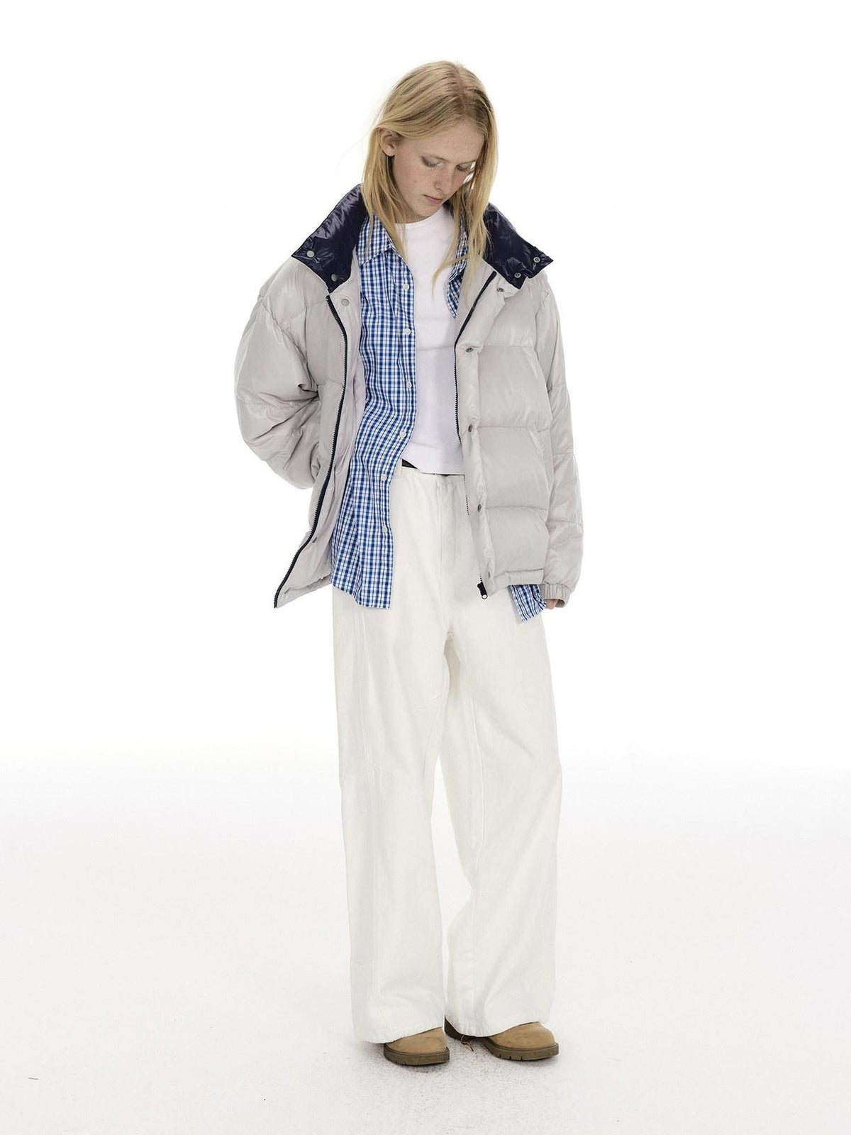 Country Moment 90 Percent White Duck Down Nylon Loose Fit Stand Collar City Casual Down Jackets
