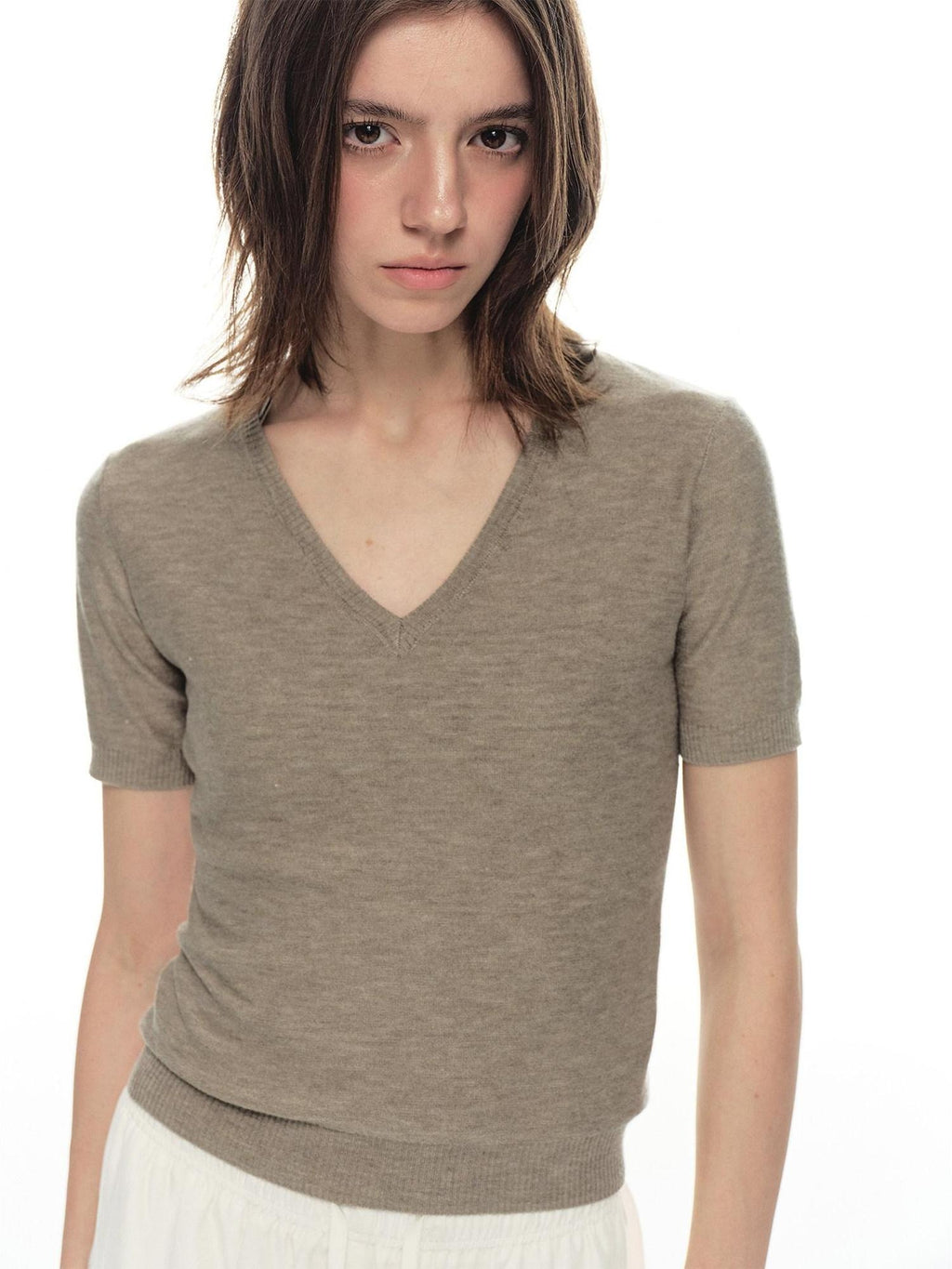 Country Moment Breathable Antipilling Silk Wool Blend Slim V-neck Short Sleeve T-Shirts