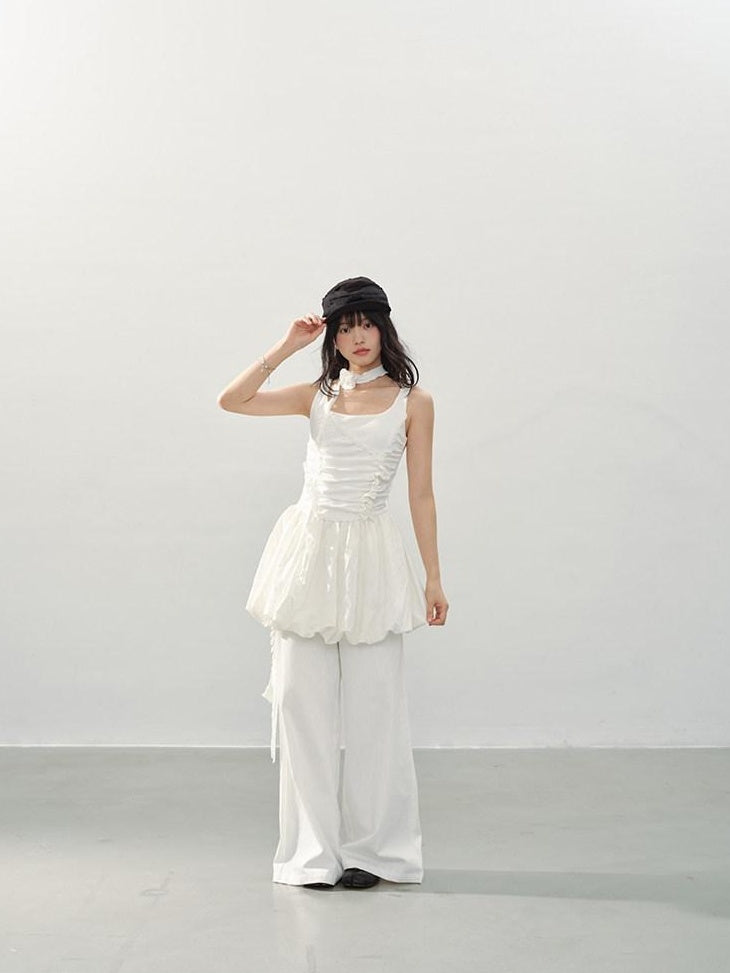 DDGIRL studio High Waist Shape Retaining Casual Lace Trim Solid White Women Wide Leg Pants
