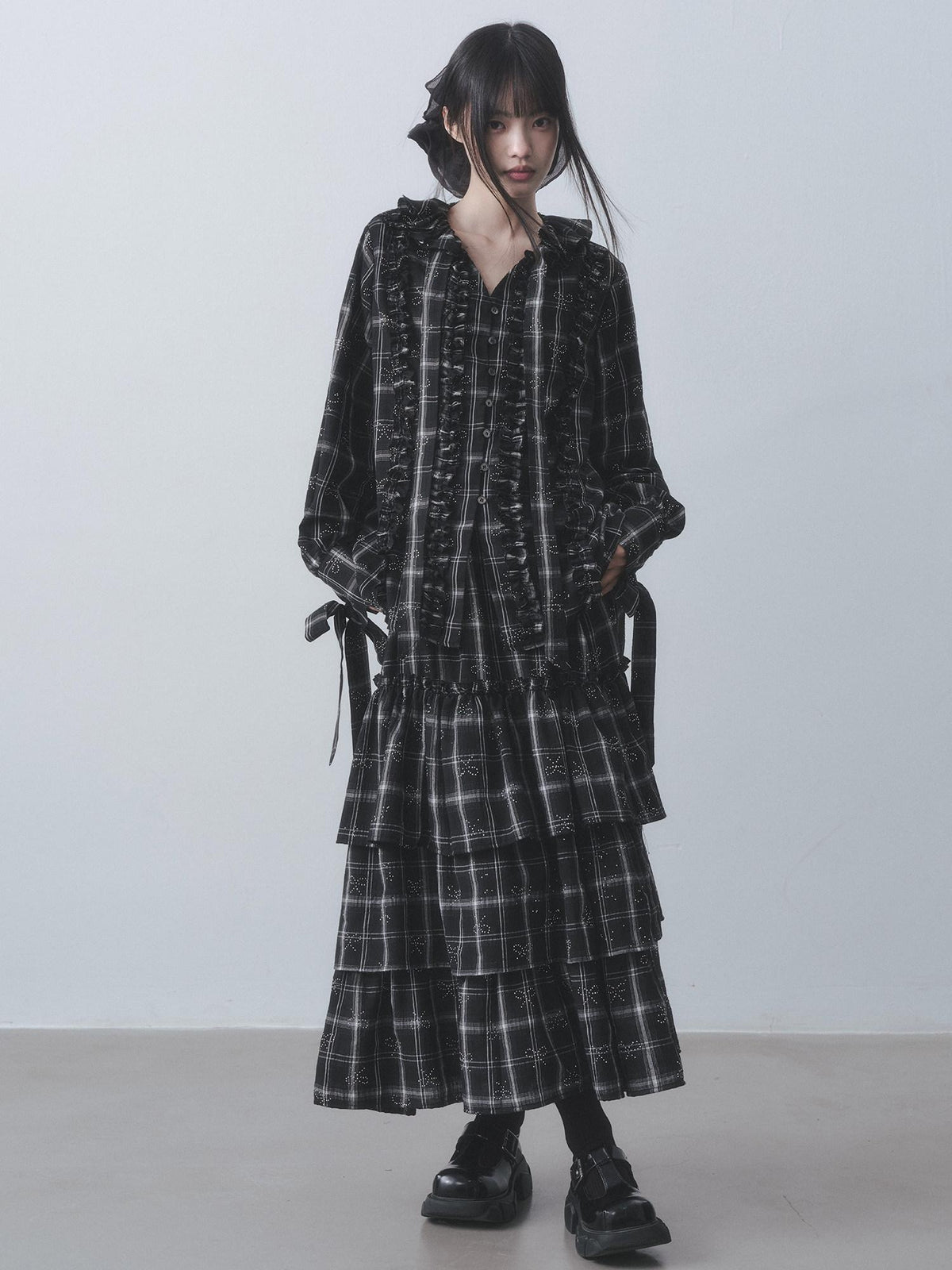 DDGIRL studio Wrinkle Free Black Plaid Collared Bow High Waist Loose Women Office Top & Skirt Sets