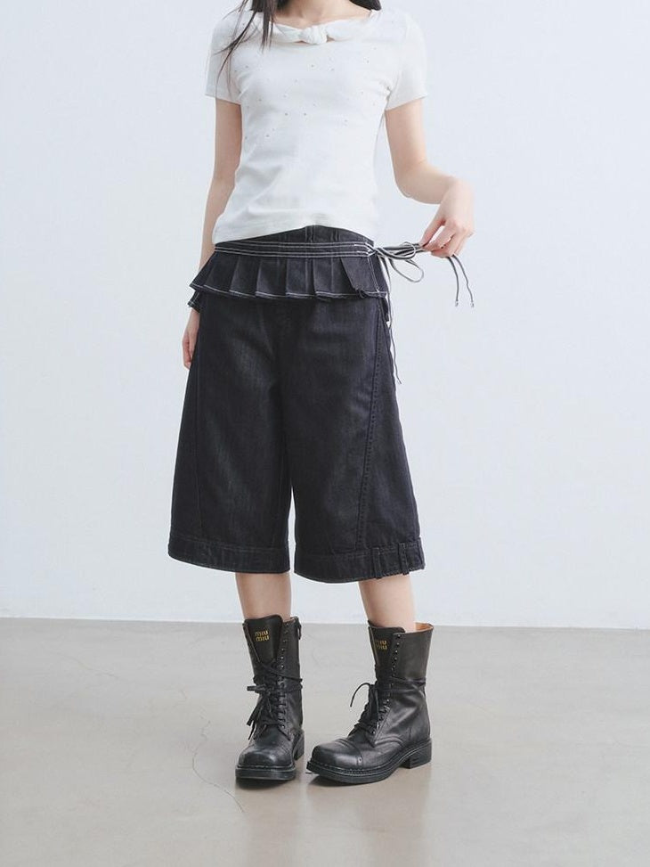 DDGIRL studio Washed High Waisted Pleated Soft Non Stretch Navy Solid Durable Wide Leg Jeans