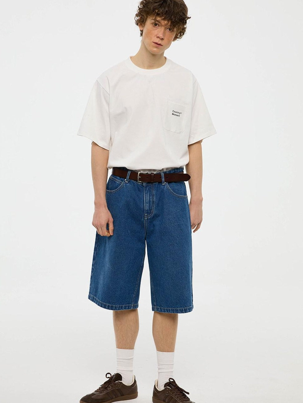 Country Moment Cotton Denim Mid High Waist Loose Straight Casual Zip Fly Mid-Length Shorts
