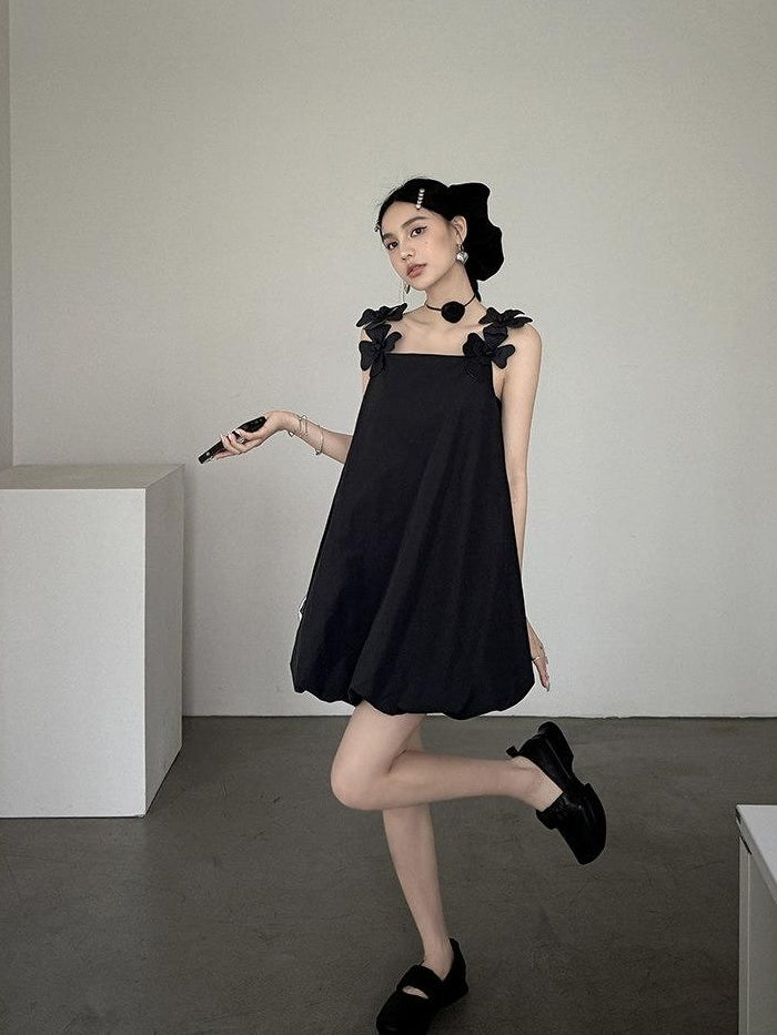 DDGIRL studio Washed Cotton Nylon Blend Strappy A Line Loose Waist Commuter Black Midi Dresses
