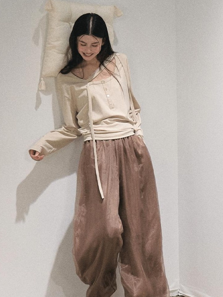 7 OAKMOO High Waisted Minimal Double Layer Relaxed Office Women Polyester Wide Leg Pants