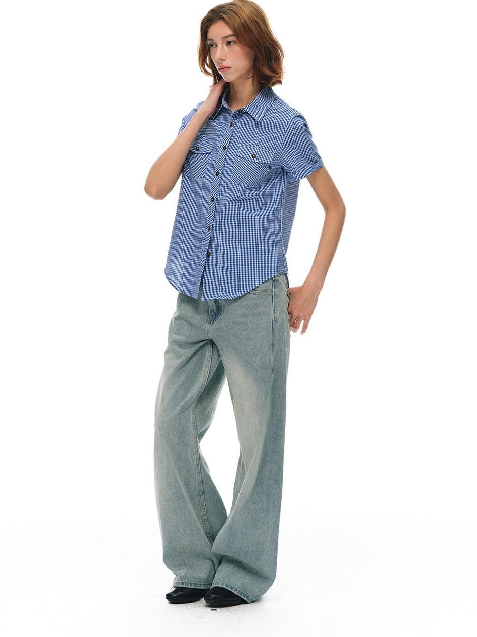 Country Moment Washed Distressed Embroidered Mid Rise Loose Retro Light Blue Wide Leg Jeans
