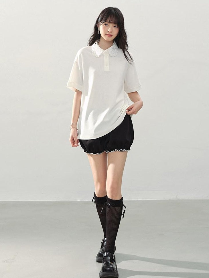 DDGIRL studio High Waist Black Casual Lantern Silhouette Teen Stretch Polyester Modal Shorts