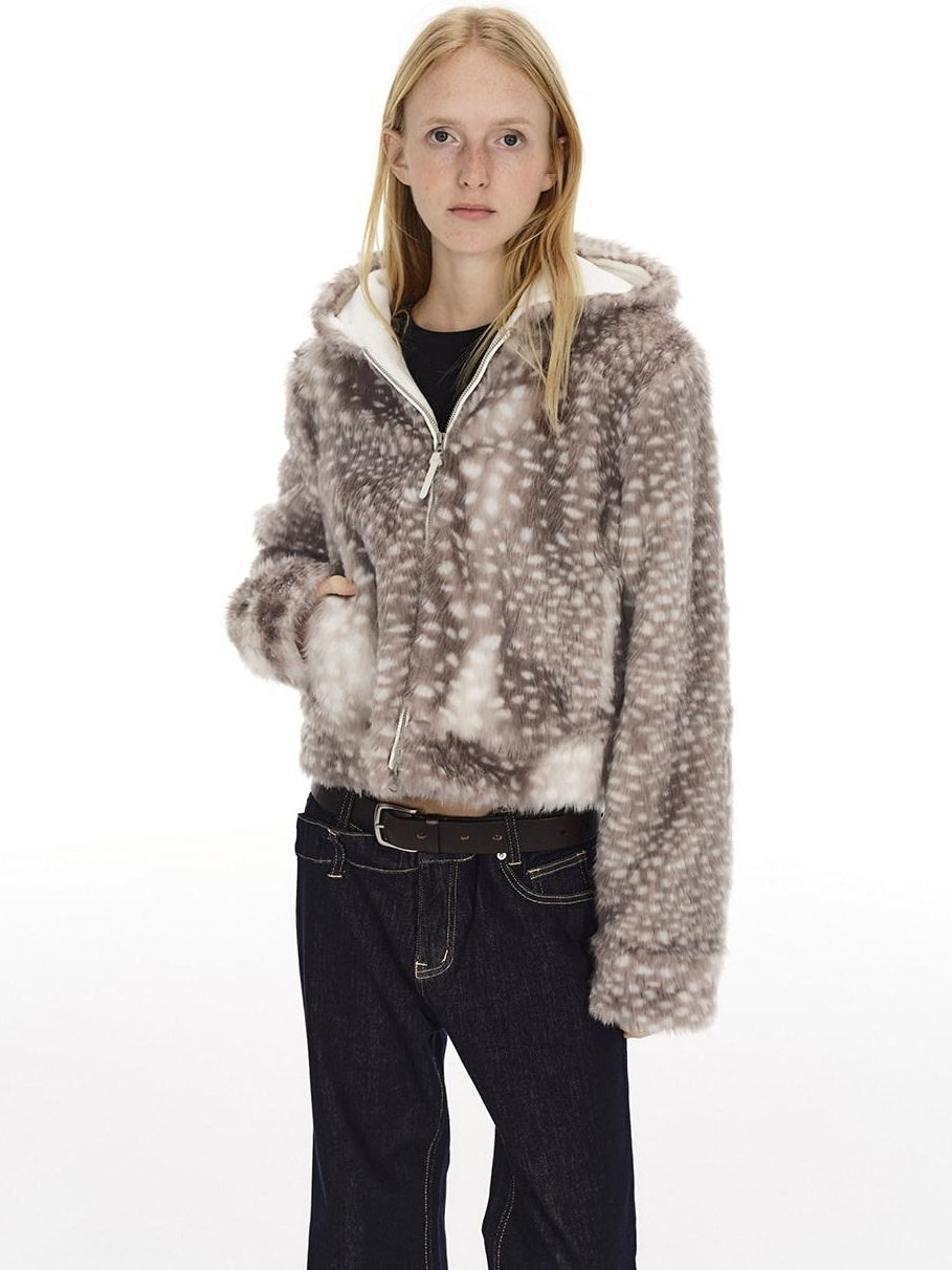 Country Moment Warm Fleece Lined Hooded Zip Polka Dot Casual Unisex Polyester Cropped Jackets