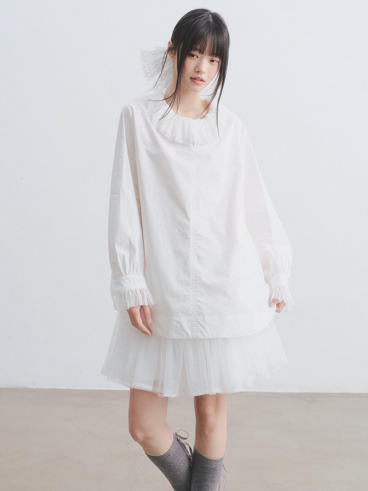 DDGIRL studio Breathable Cotton Lace Doll Collar Petal Sleeve Long Loose Commuter White Shirts