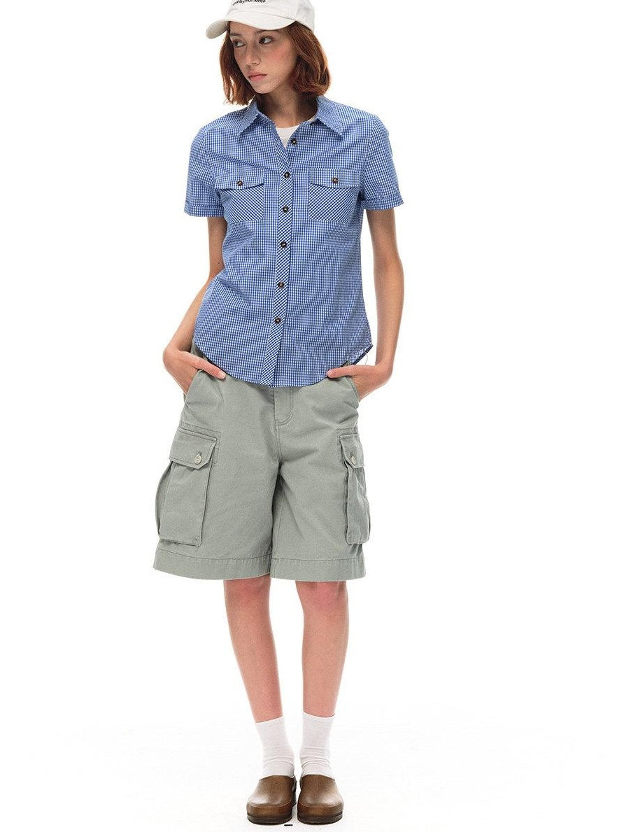 Country Moment Vintage Washed Relaxed Mid Rise Pockets Casual Pure Cotton Mid-Length Shorts