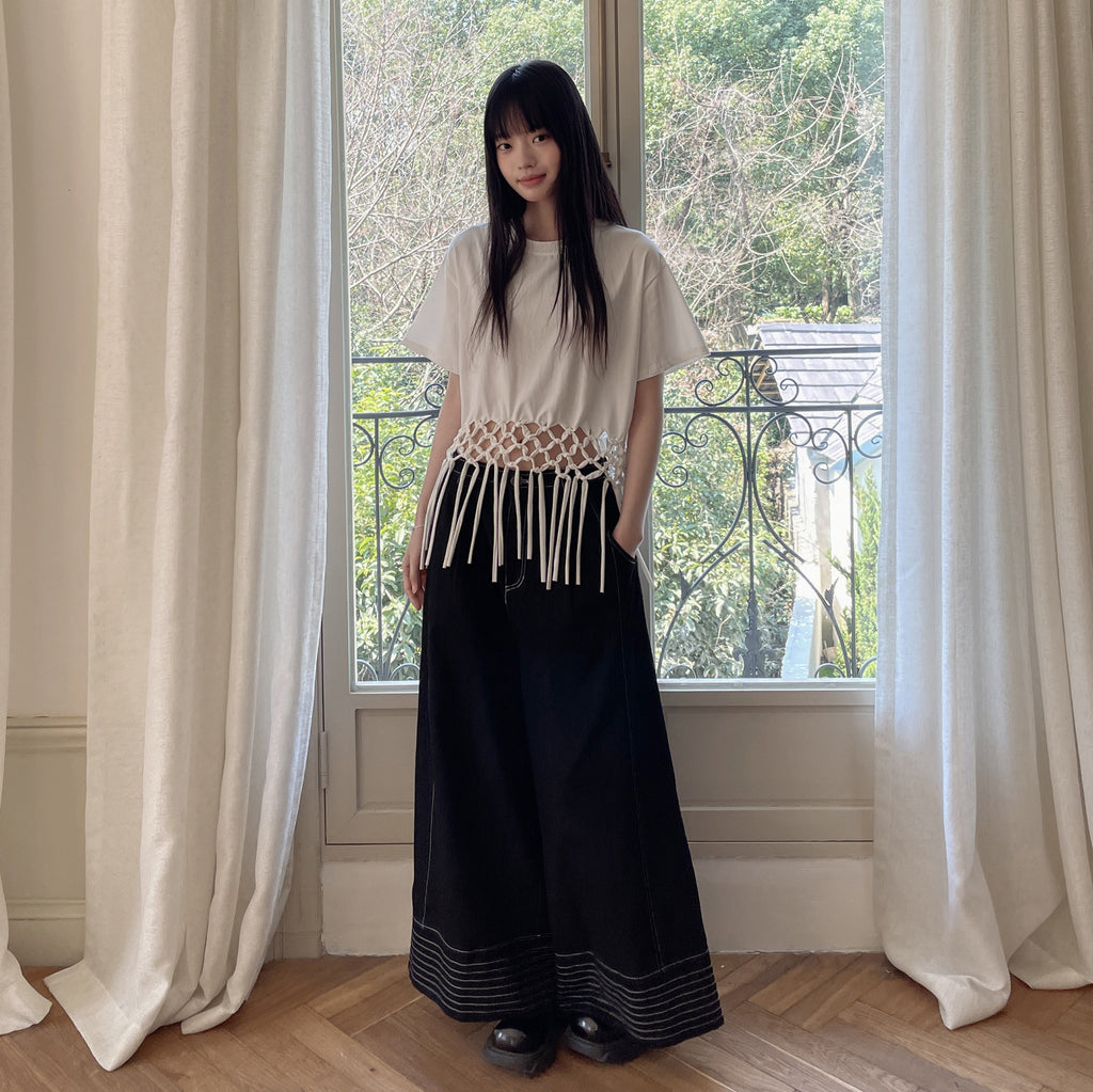DDGIRL_studio_White_Fringe_Cropped_Loose_100%_Cotton_Commuter_Crew_Neck_Short_Sleeve_T-Shirts_MISSTT