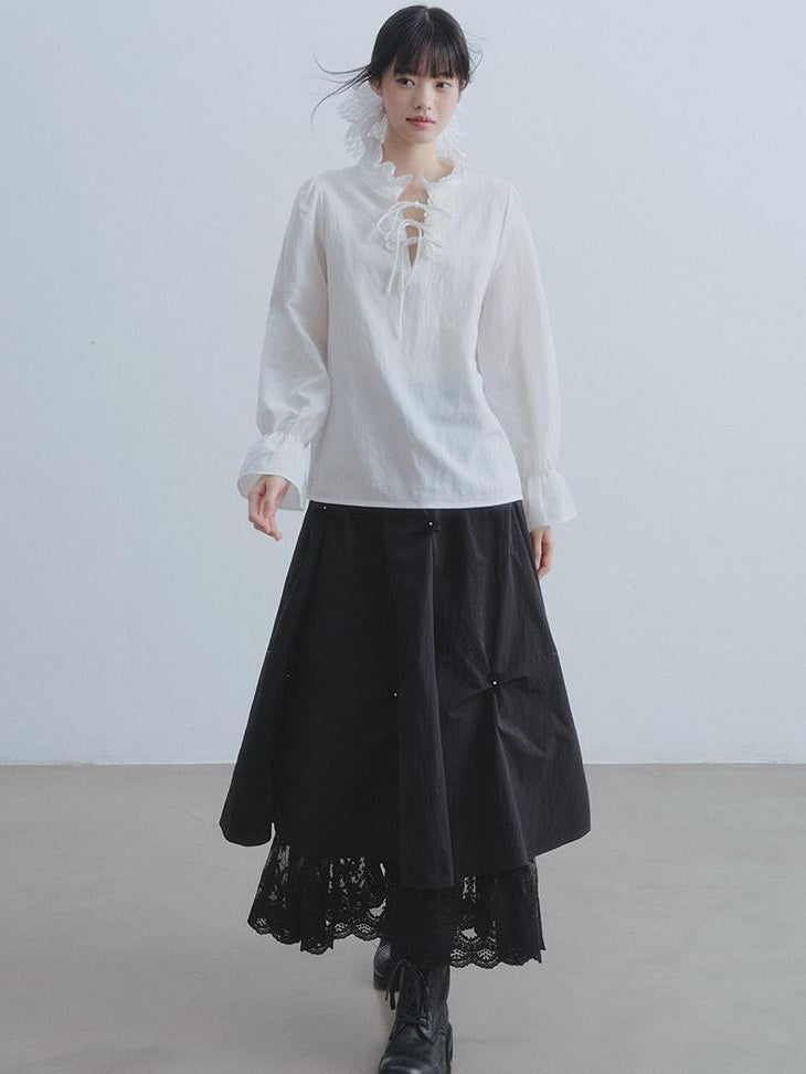 DDGIRL studio Breathable Non Deforming Ruffle Collar Bell Sleeve Straight Cut Commuter Shirts
